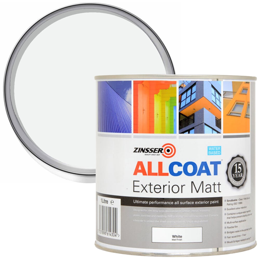 Zinsser Allcoat White Water Based Exterior Matt Paint 1L Image 1