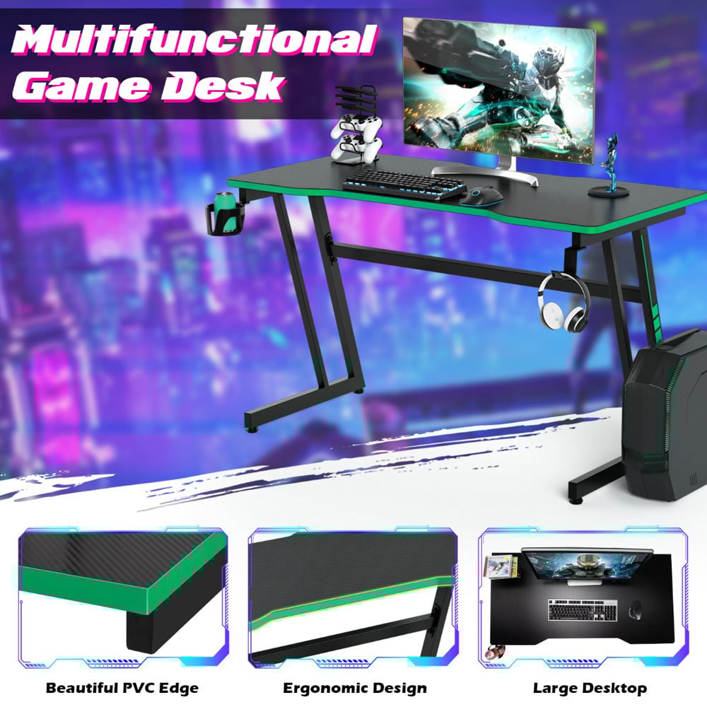 Costway Z-Shaped Computer Desk with Headphone Hook and Cup Holder Green Image 6