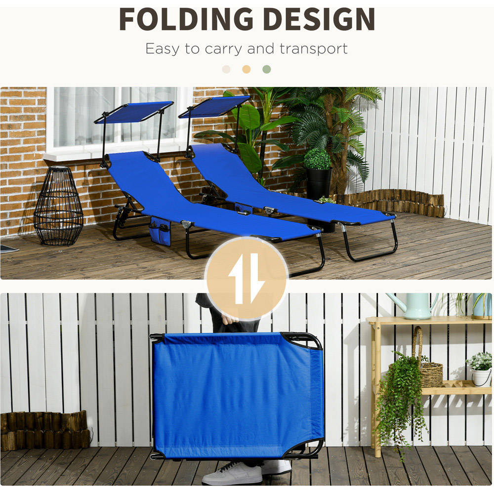 Outsunny Set of 2 Blue Adjustable Folding Sun Lounger with Sunshade Roof Image 6