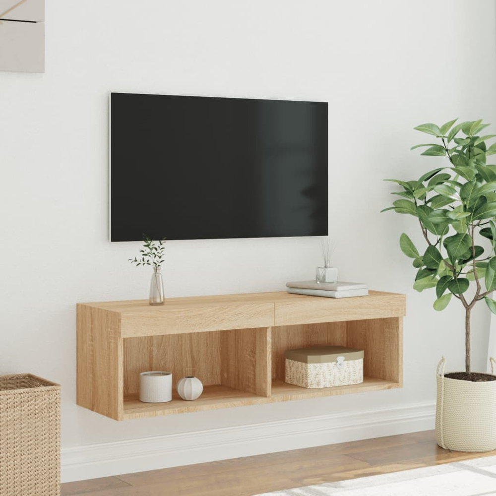 vidaXL 2 Shelf Sonoma Oak Wall Mounted TV Cabinet with LED Lights Image 5