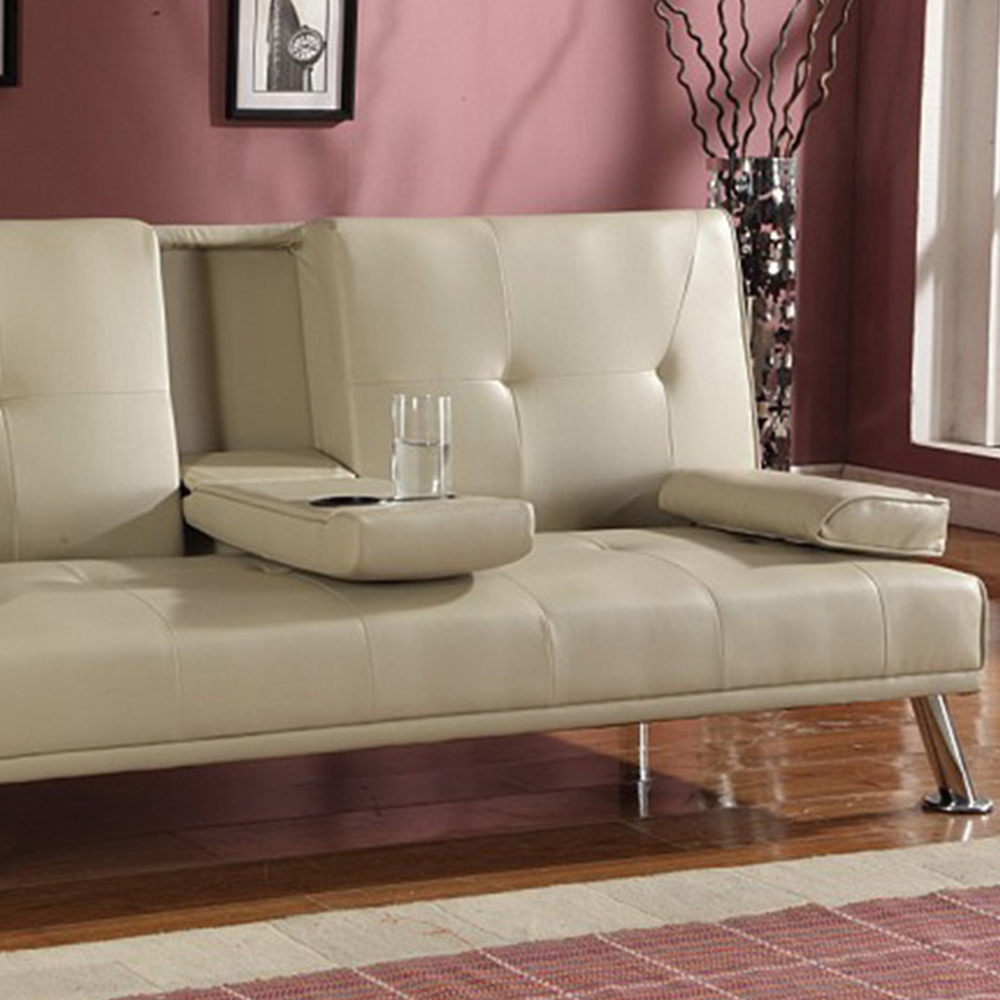 Brooklyn Italian Double Sleeper Cream Faux Leather Sofa Bed with Cup Holder Image 3