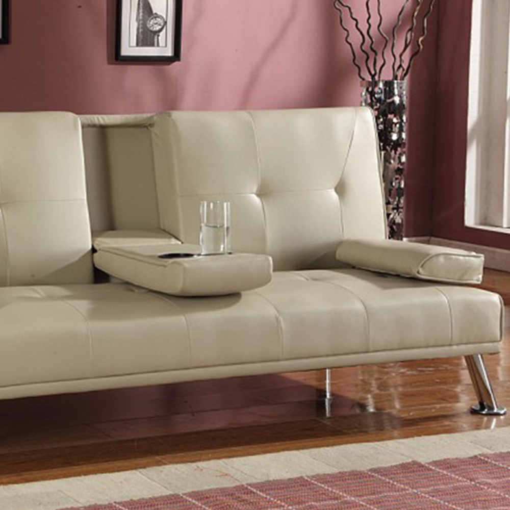 Brooklyn 2 Seater Cream Faux Leather Italian Sofa Bed with Cup Holder Image 3