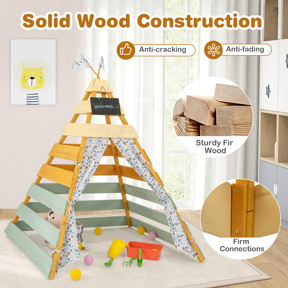 Costway Wooden Kids Play Tepee Tent with Curtains Image 8