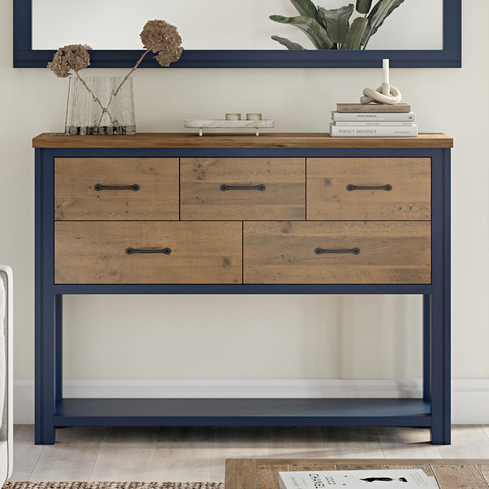 Baumhaus Splash of Blue 5 Drawer Single Shelf Wooden Blue Console Table Image 6