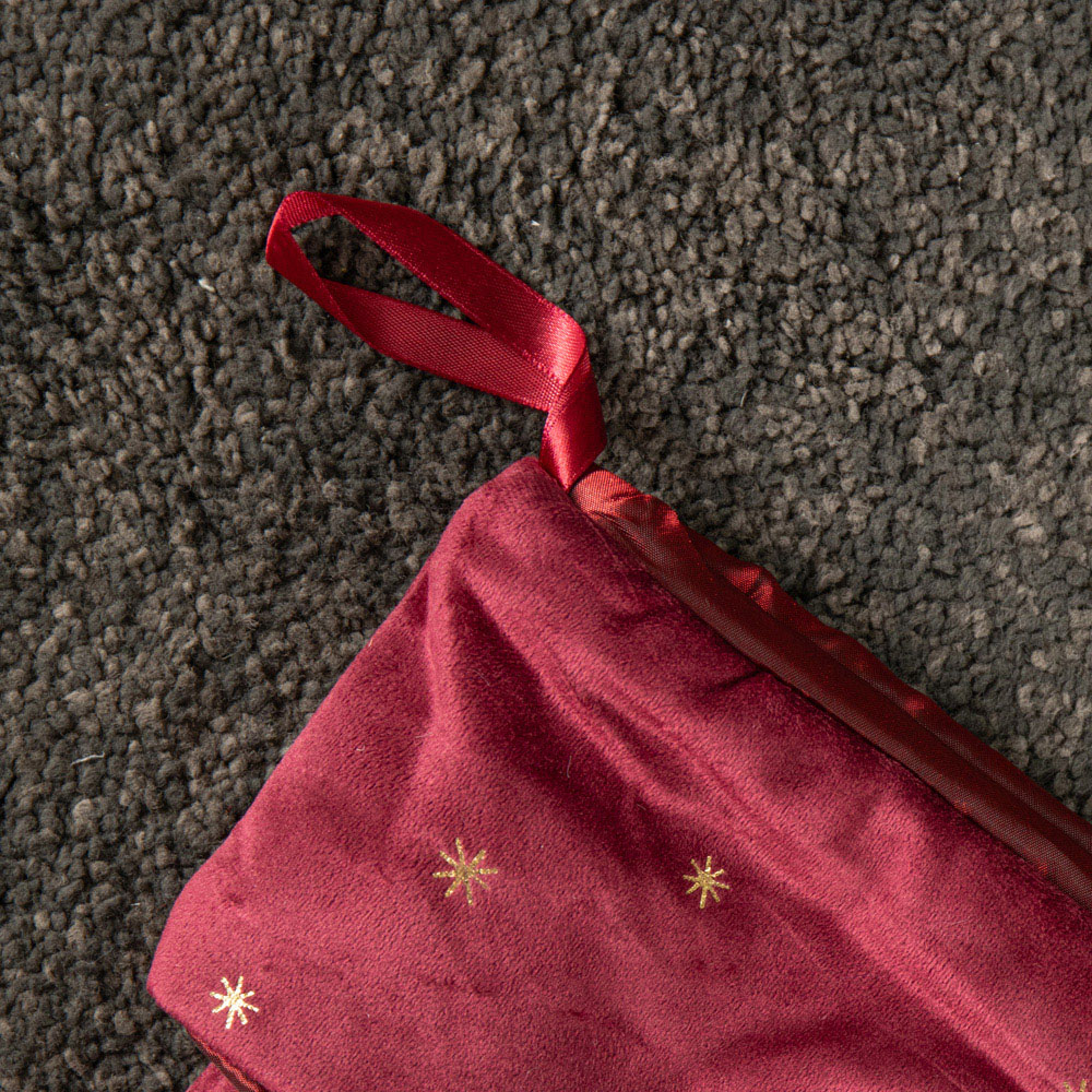 Samuel Alexander Burgundy Velour Star Print Christmas Stocking with Pom Poms 70cm Image 5