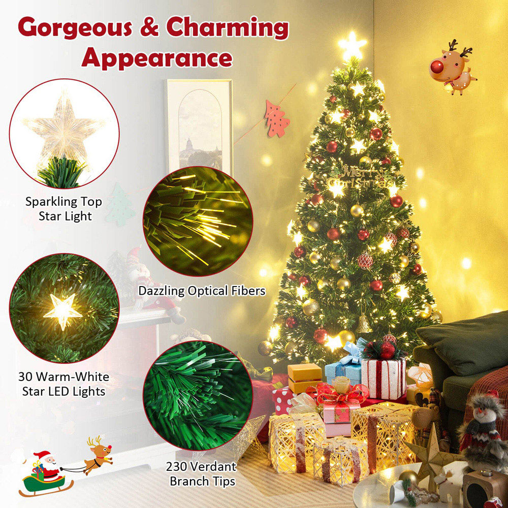 Costway Pre Lit Warm White Star Fibre Optic LED Artificial Christmas Tree 6ft Image 6