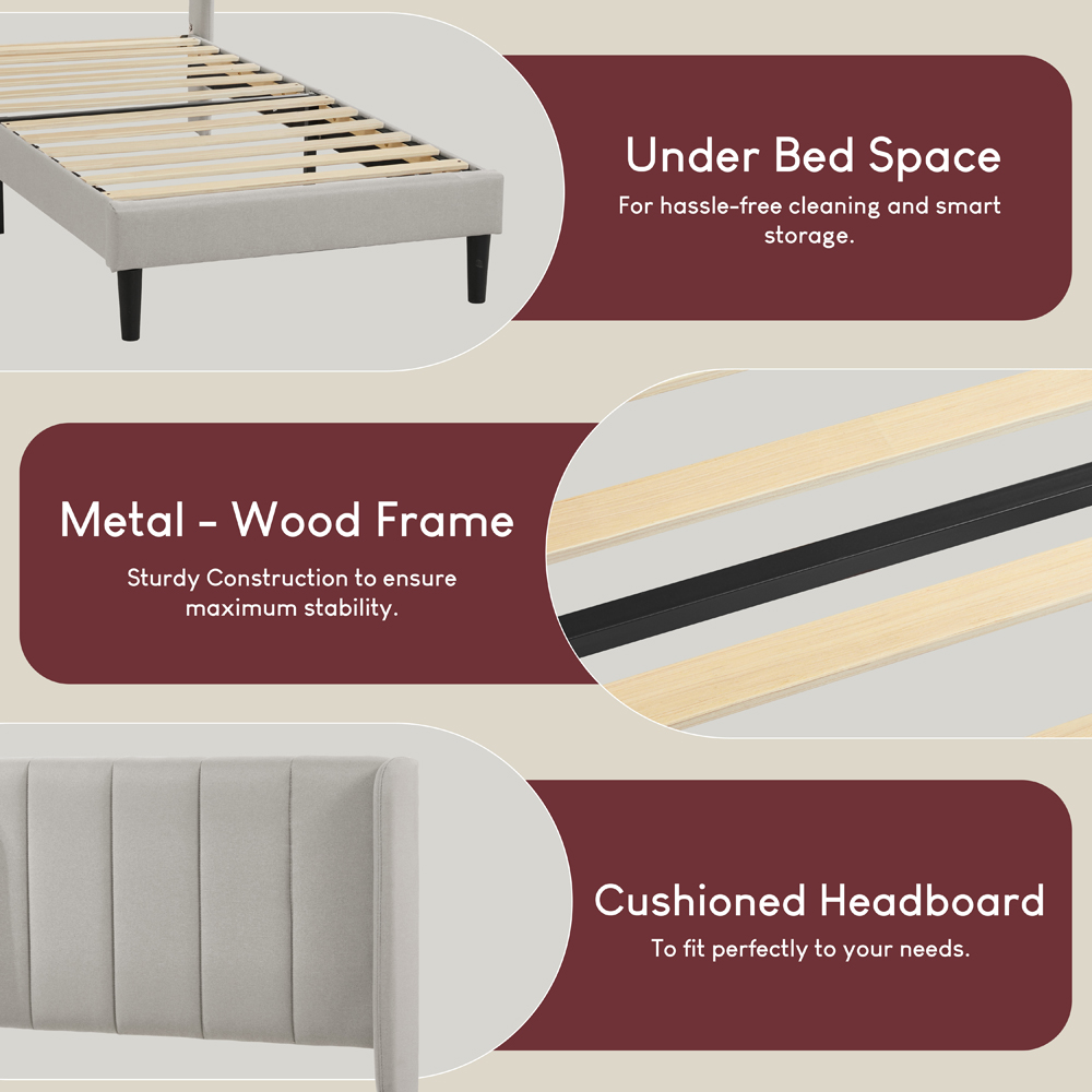VIDA DESIGNS Vianna Single Beige Linen Fabric Bed with Memory Foam Bonnell Spring Mattress Image 6