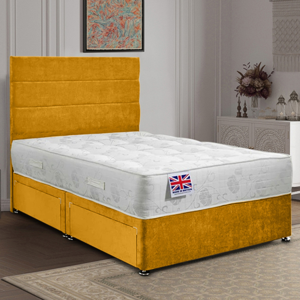 Eleganza Home Repose Small Double Mustard Plush Velvet 2 Drawer Divan Bed with Lined Headboard Image 1