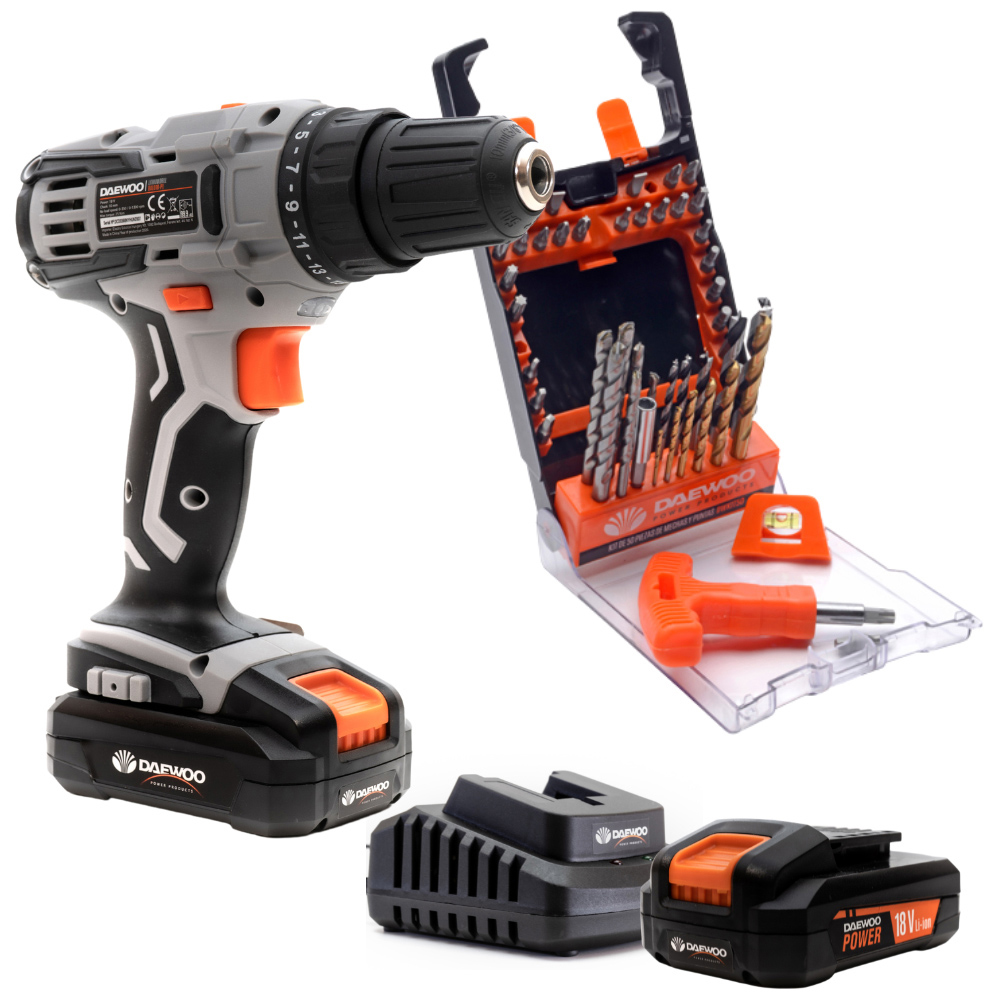 Daewoo U-Force 18V Cordless Drill Driver with 2.0Ah Battery Charger 50 Piece Drill Bit Set Image 1