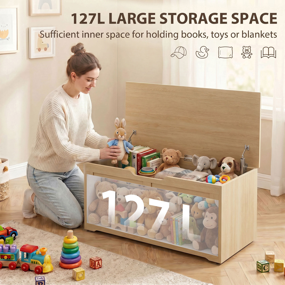 HOMCOM 127L Nature Wood Storage Trunk with Safety Hinges Image 5