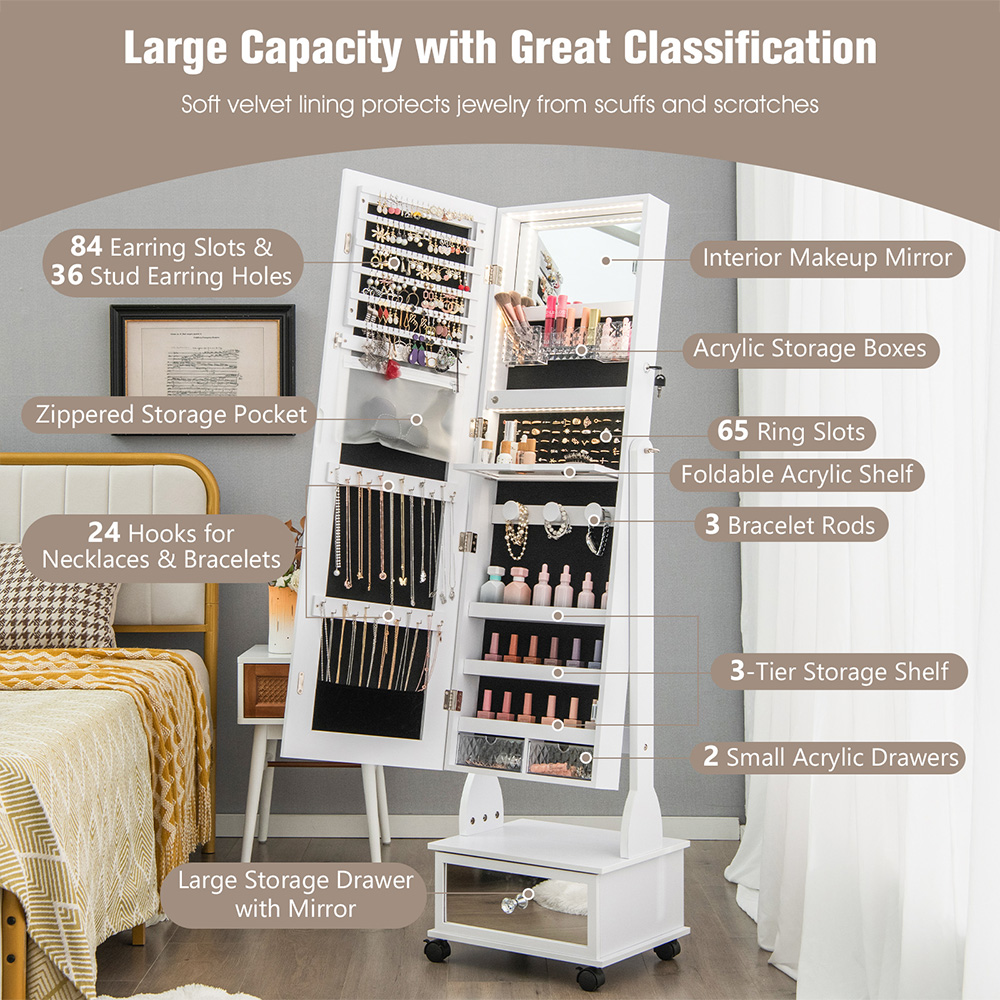 Costway White Standing Jewellery Armoire Image 7