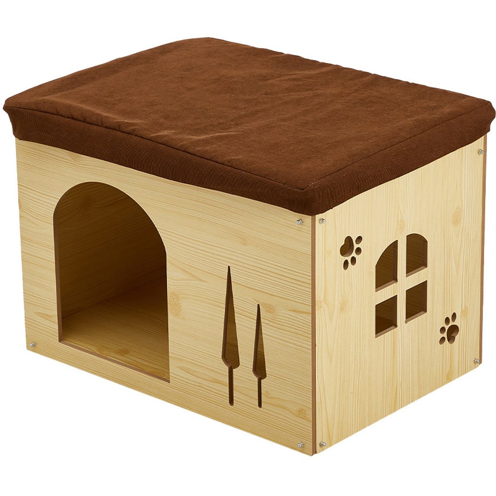 H&O Direct Brown Wooden Cat Bed with Cushion Image 1