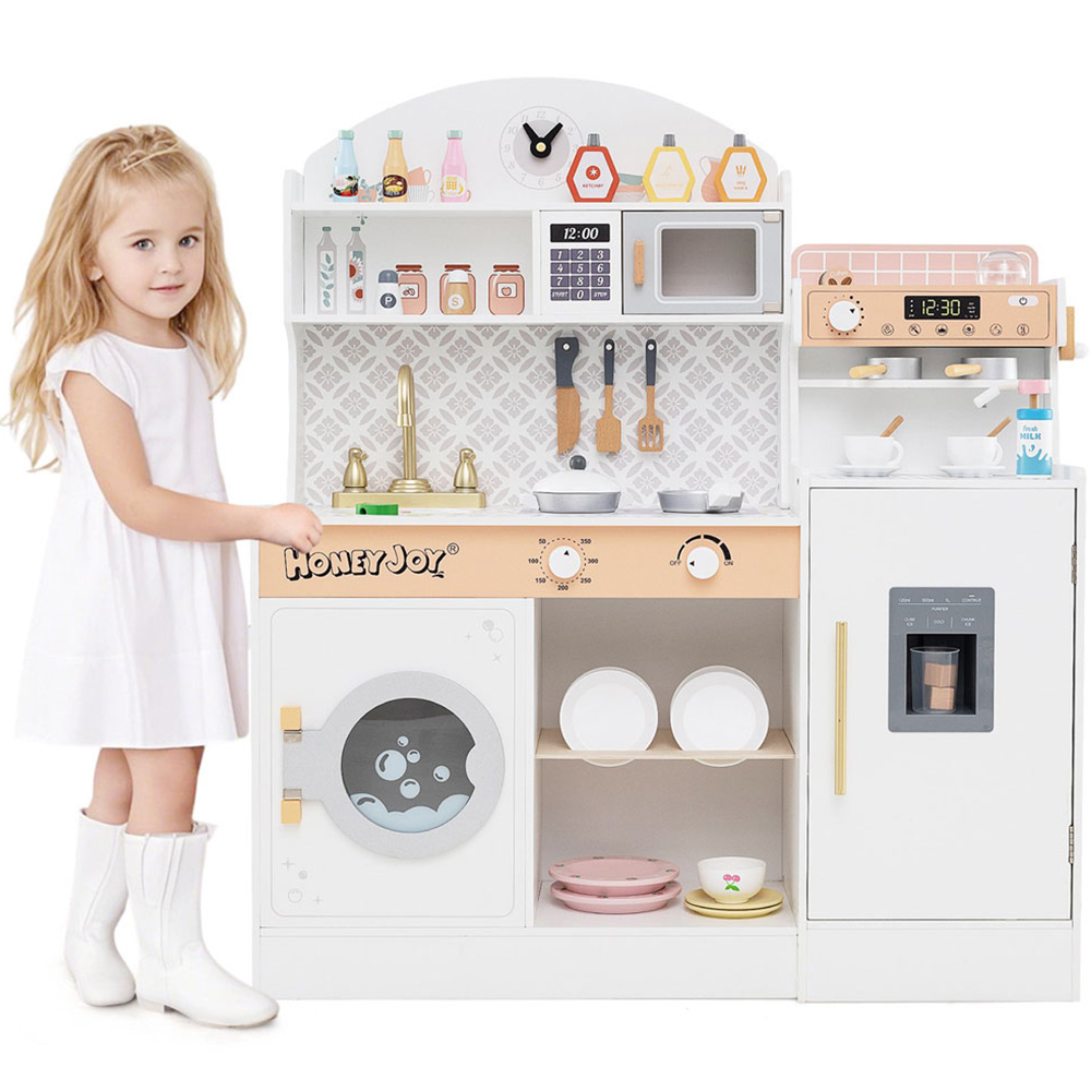 Costway White Kids Wooden Kitchen Play Set with Clock and Microwave Image 3