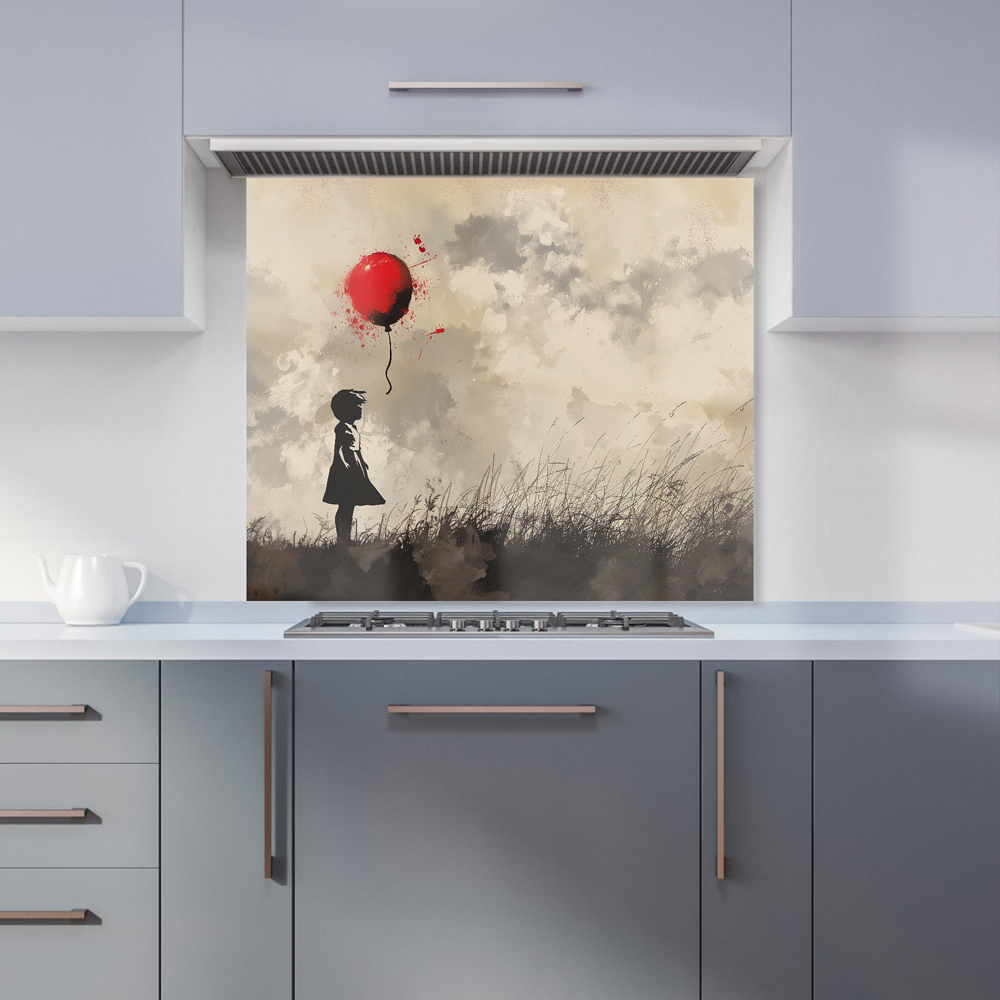 Warren Reed Designer Dreamy Banksy Inspired Girl With Red Balloon Glass Kitchen Splashback 75 x 90cm Image 1