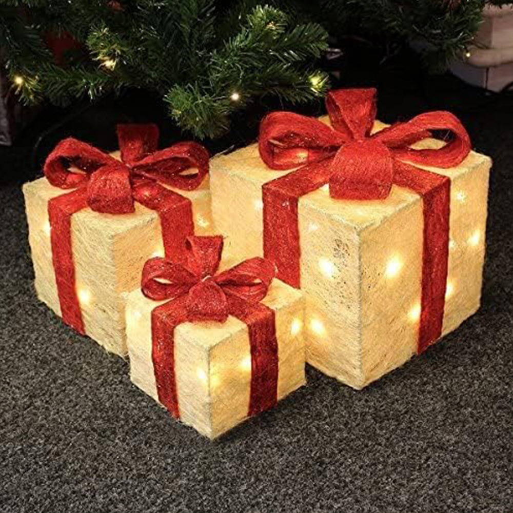 Shatchi Set of 3 Warm White LED Tartan Bow Rattan Parcels Image 1