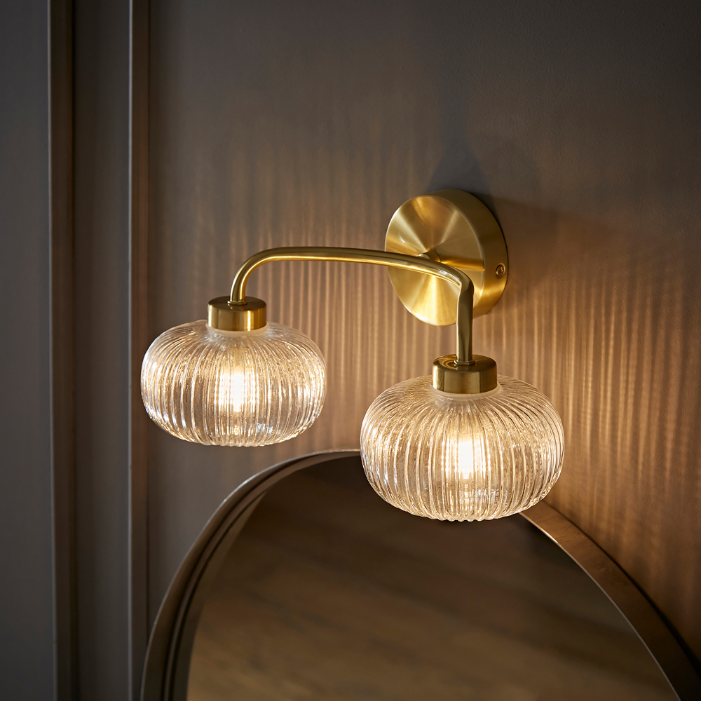 ValueLights Amaia Gold 2 Way Clear Ribbed Glass LED Wall Light Image 2