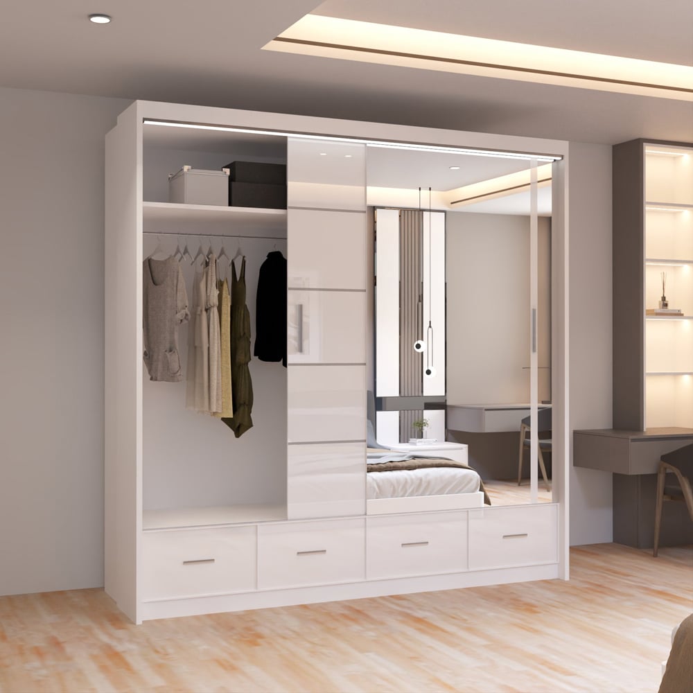 Sliding Wardrobes 4U Sycylia 2 Door 4 Drawer White High Gloss Mirror Wardrobe Image 4