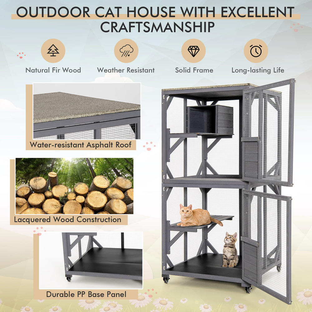 Costway 2 Door Grey Wooden Cat House with Asphalt Roof Image 8
