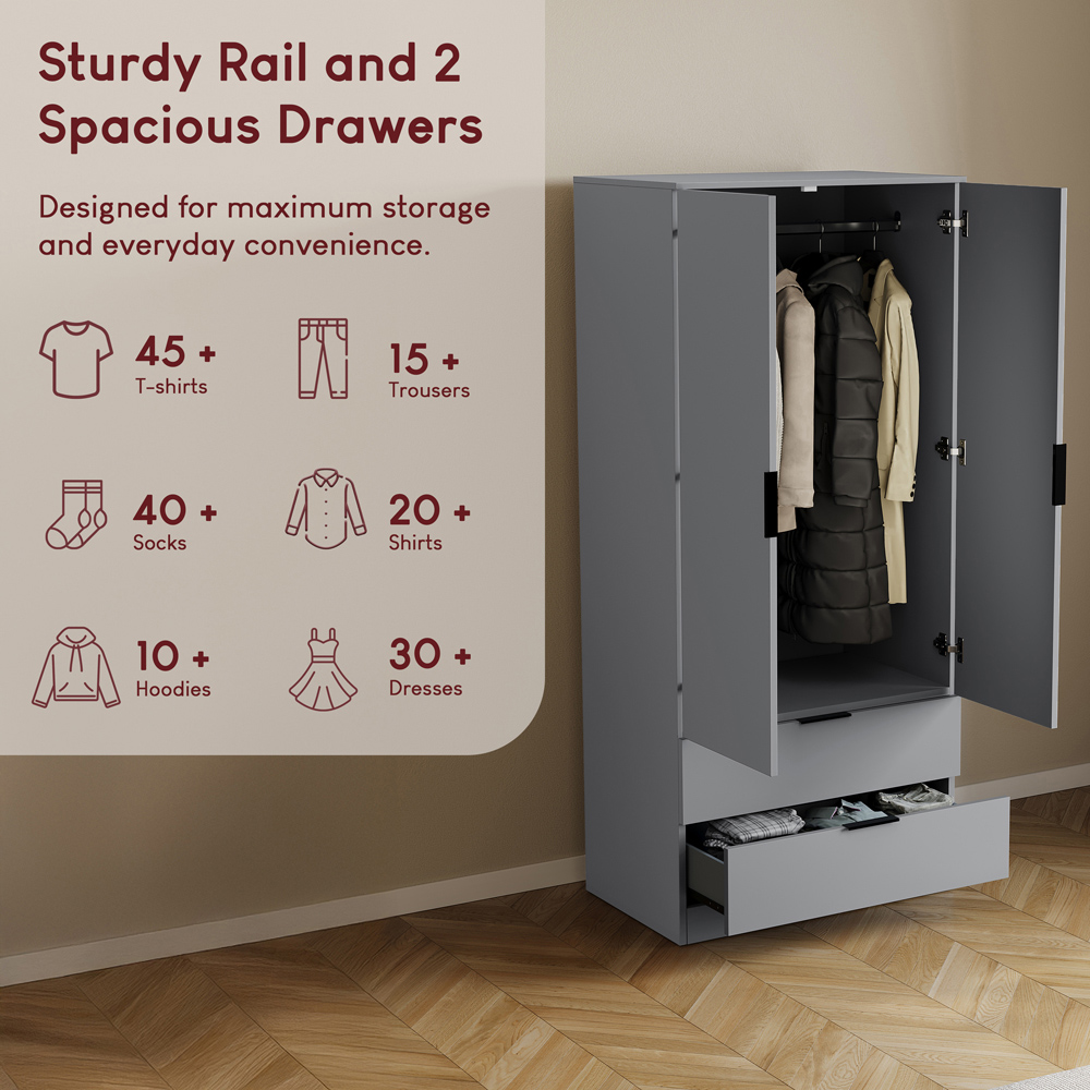 VIDA DESIGNS Trega 2 Drawer 2 Door Grey Wardrobe Image 6