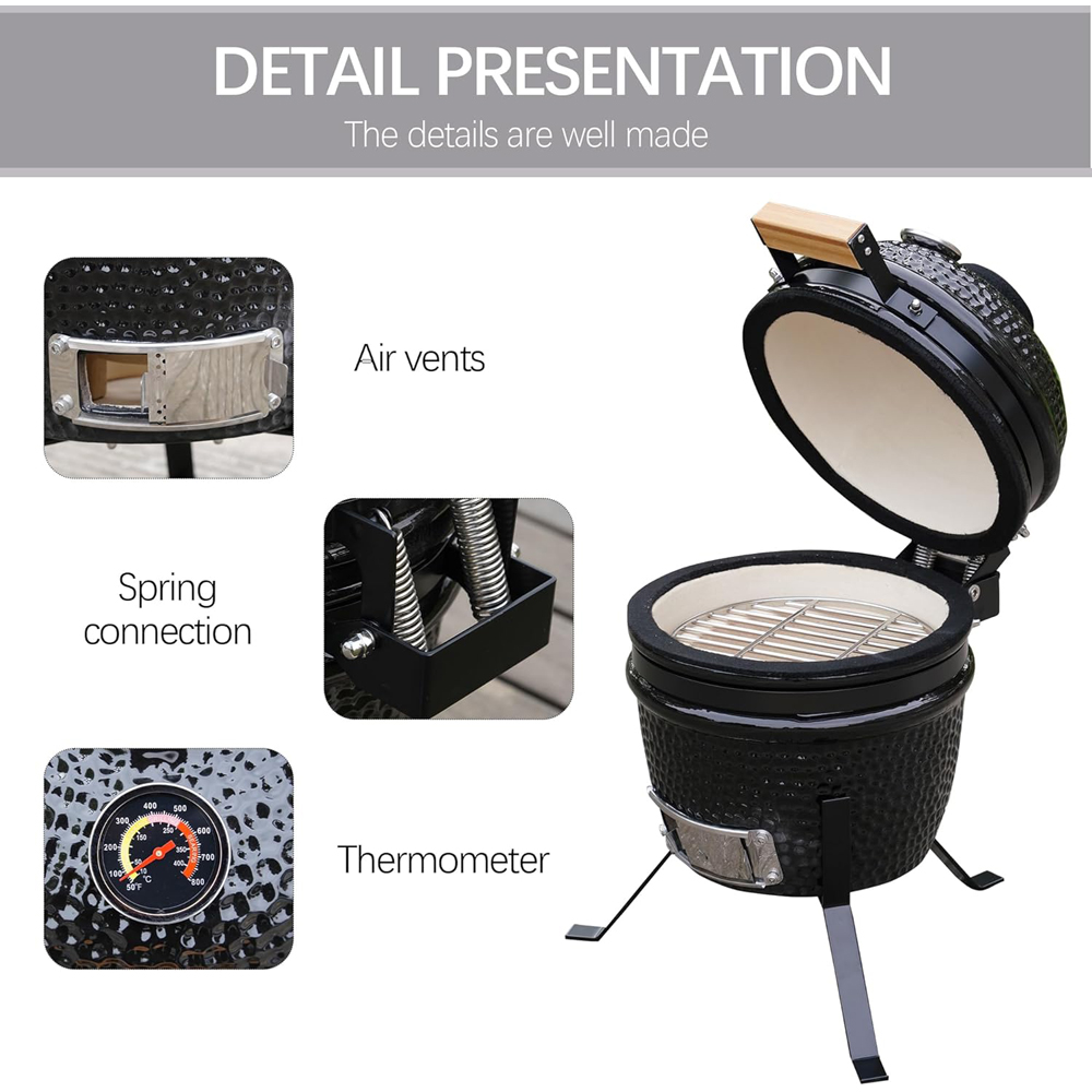 Alivio Kamado Black Portable Ceramic 13 inch Mini BBQ Grill Smoker Egg with Stand Image 7