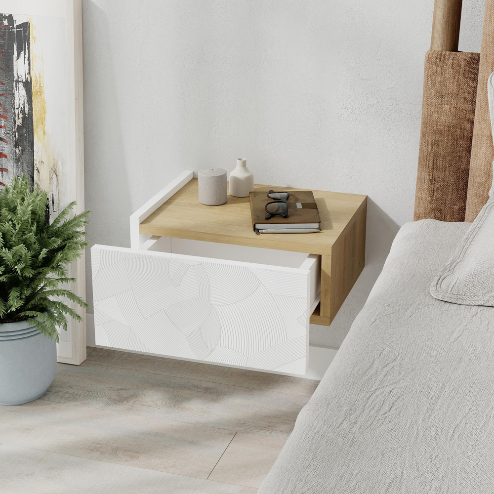 Decortie Onda Single Drawer White LED Wall-Mounted Bedside Table Image 5