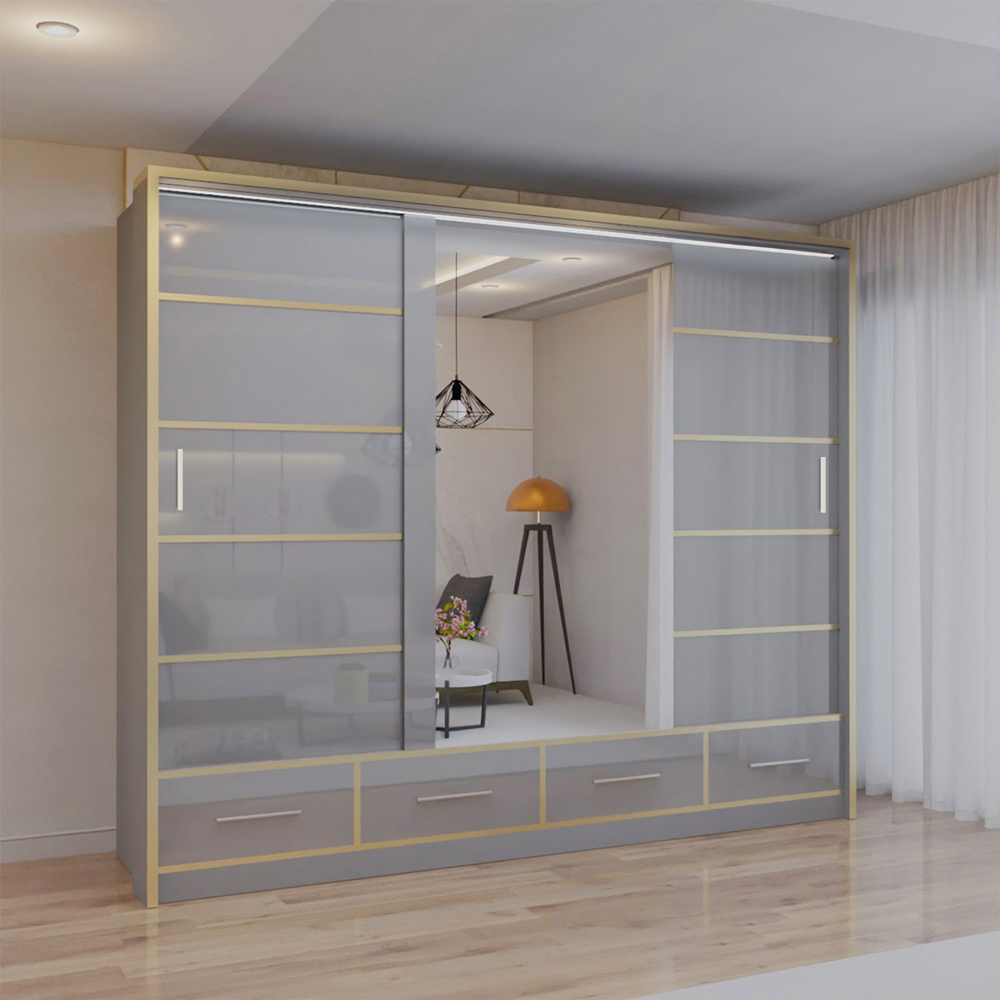 Sliding Wardrobes 4U 2 Sliding Door Grey Modern Wide High Gloss Mirrored Wardrobe Image 3