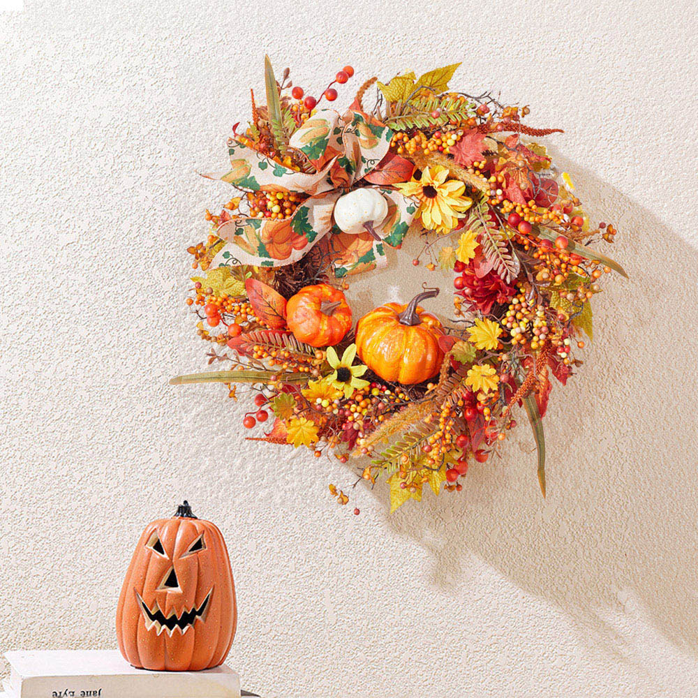 Living and Home Artificial Halloween Pumpkin Maple Leaves Wreath 50cm Image 2