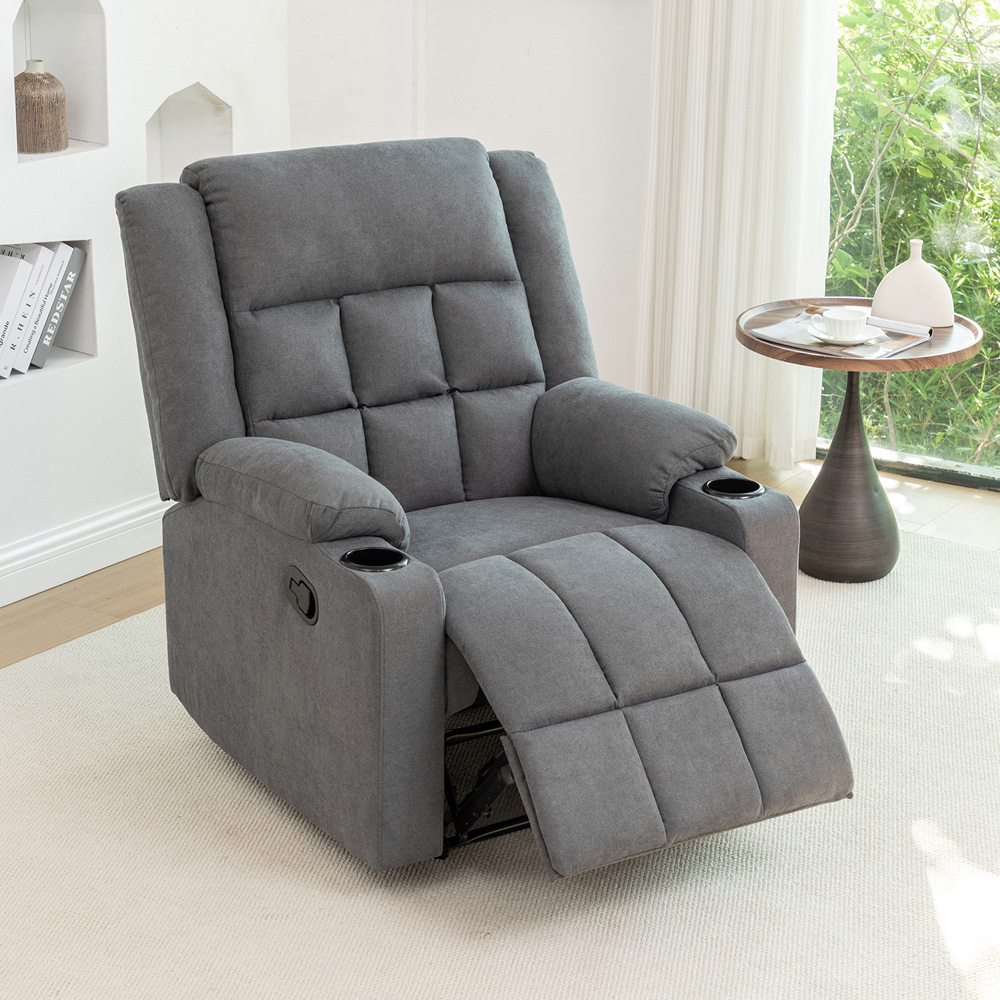 Living and Home Grey Fabric Recliner Chair with Adjustable Footrest and Cup Holders Image 8