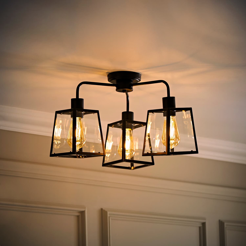 ValueLights Susie 3 Arm Lantern Shade Matt Black Glass Ceiling Light with Bulb Image 2