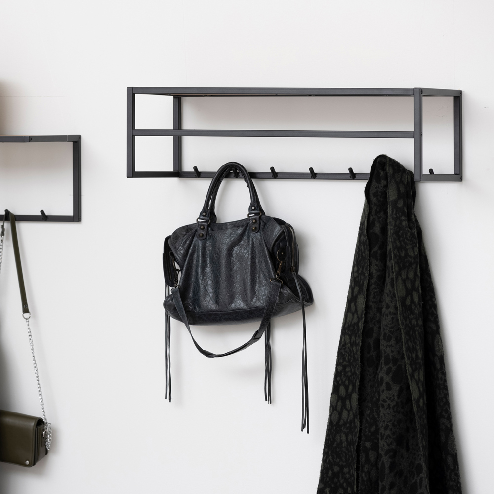 Florence Seaford Black Metal Wall Mounted Coat Rack with Oak Top Image 2
