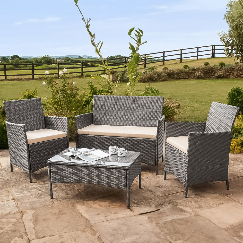 Brooklyn 4 Seater Grey Rattan Sofa Chair and Table Set with Cover Image 1