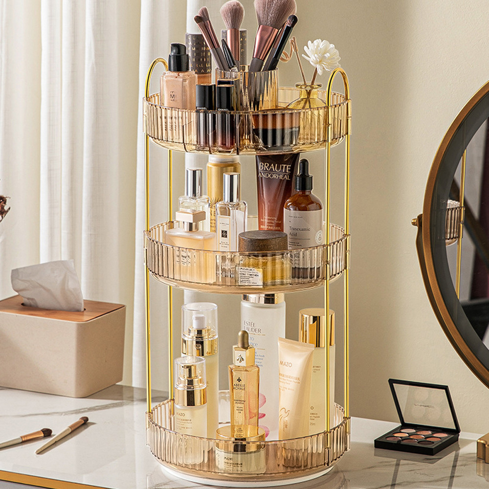 H&O Direct 3 Tier Gold Round Rotating Cosmetics Organiser Image 3