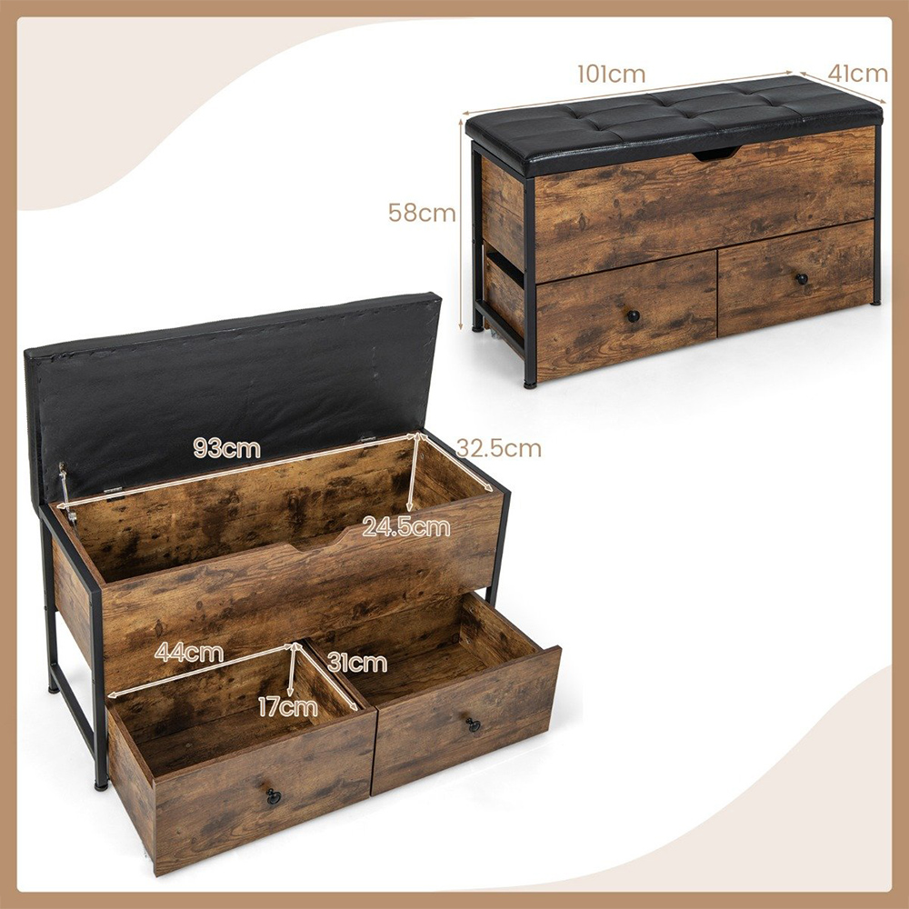 Costway 2 Drawer Rustic Brown Storage Ottoman Bench Image 9