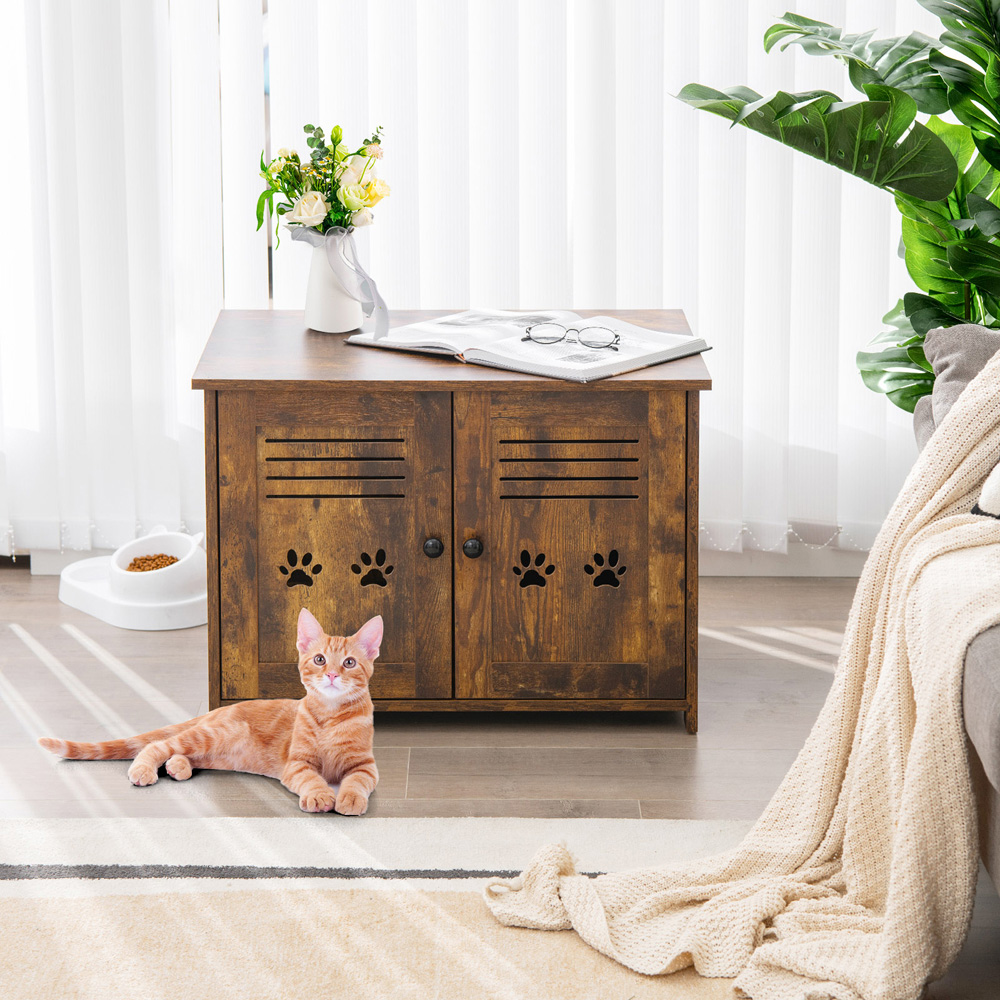 Costway Rustic Brown 2 Louvered Doors Cat Litter Box Enclosure Image 2