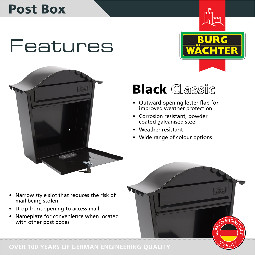 Burg-Wachter Black Classic Wall Mounted Galvanised Steel Lockable Weatherproof Post Box - 36x37x13cm Image 2