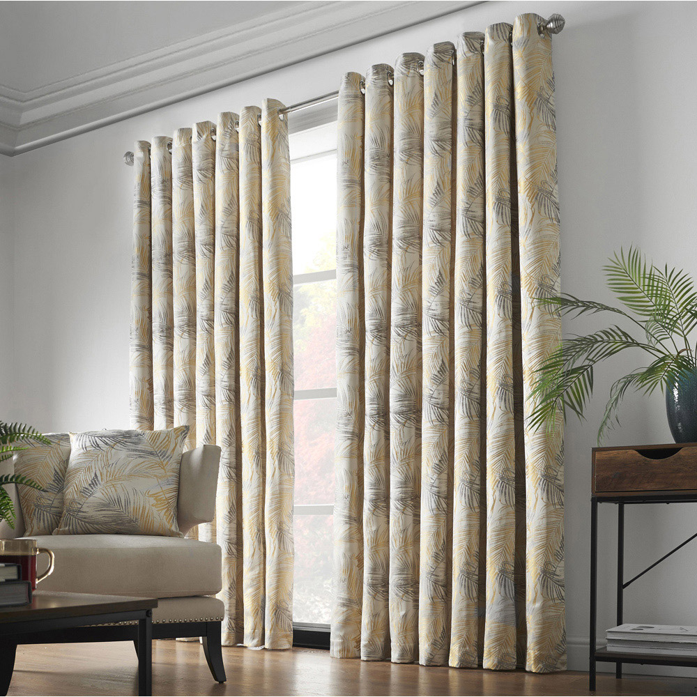 Alan Symonds Dupion Ochre Fern Jacquard Ring Top Eyelet Curtains 168 x 183cm Image 2