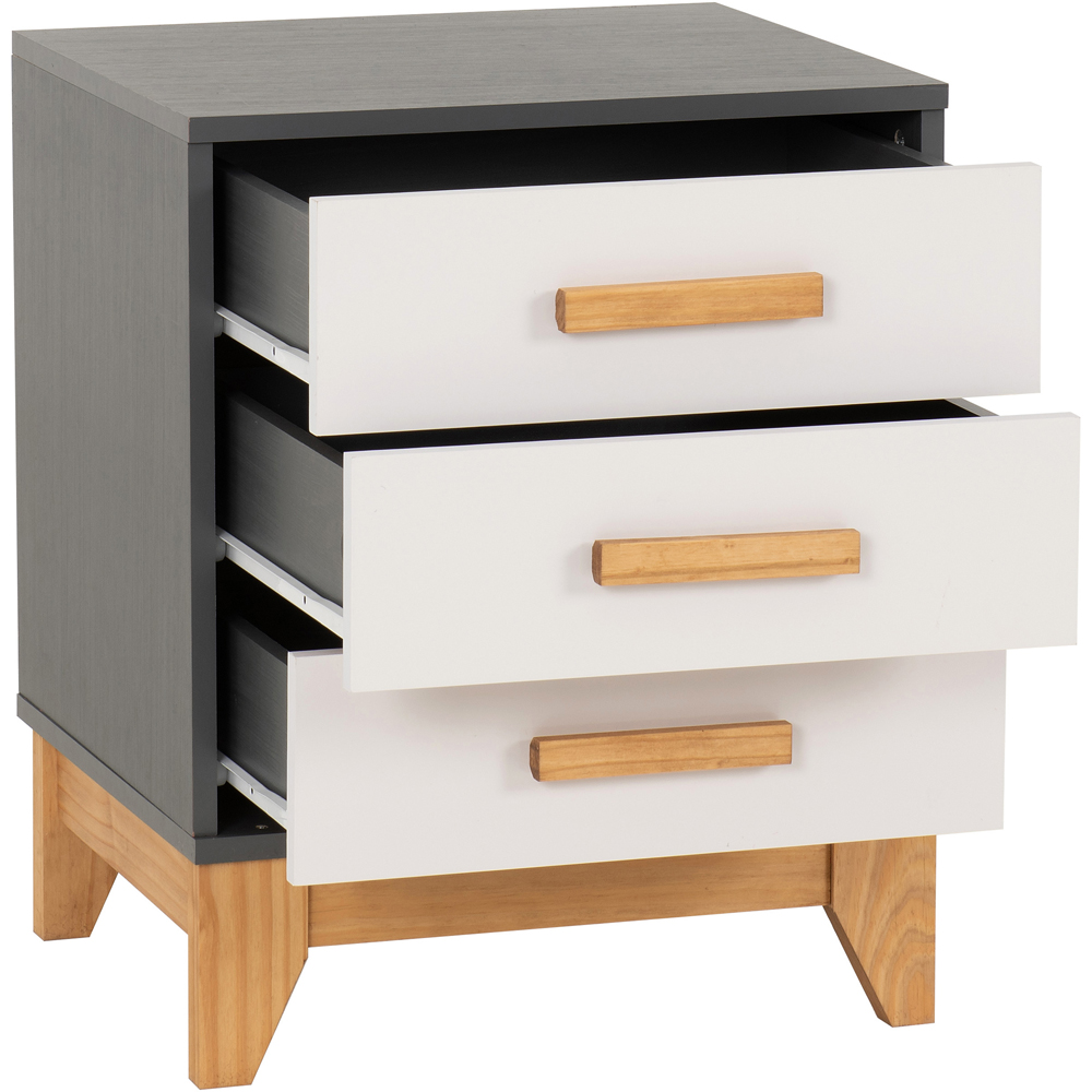 Seconique Cleveland 3 Drawer White and Grey Metal Effect Bedside Table Image 3