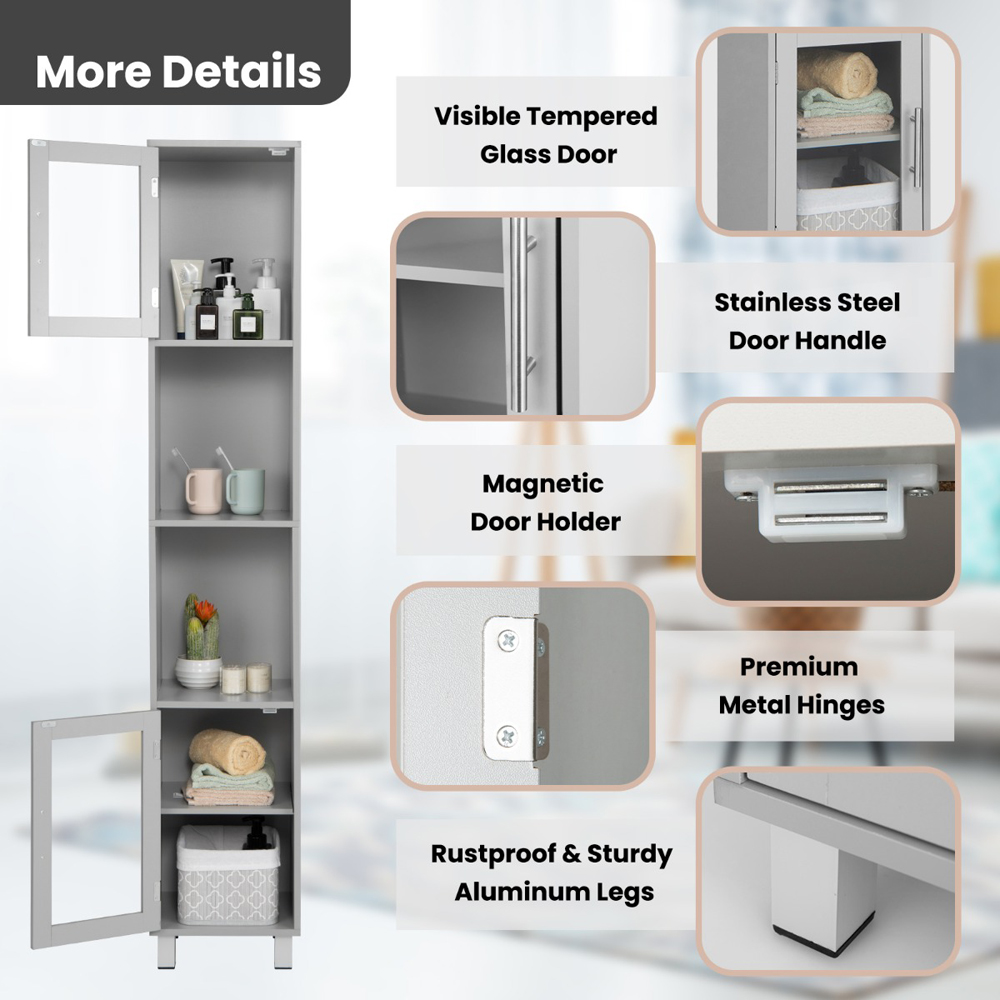 Costway 2 Door 4 Shelf Grey Freestanding Slim Wooden Bathroom Cabinet Image 6