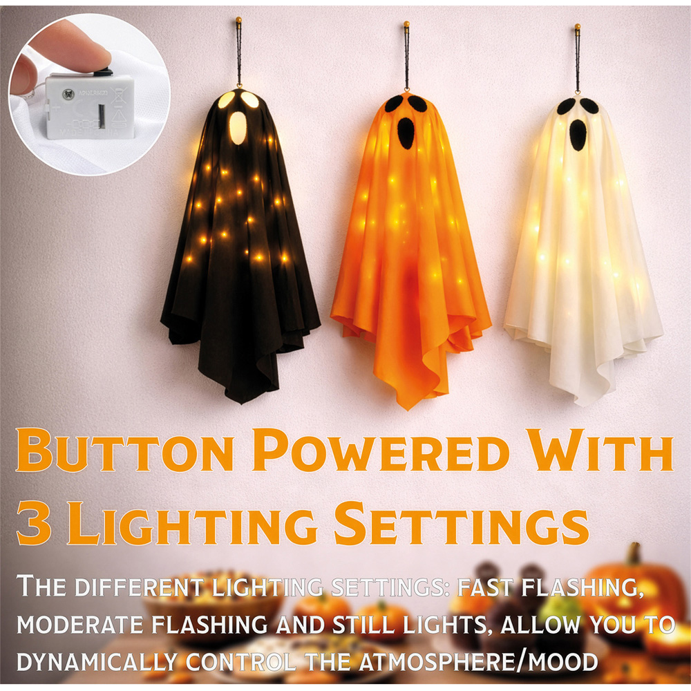FXLab 3 Warm White LED Orange White and Black Ghost Halloween Decoration Set of 3 Image 2