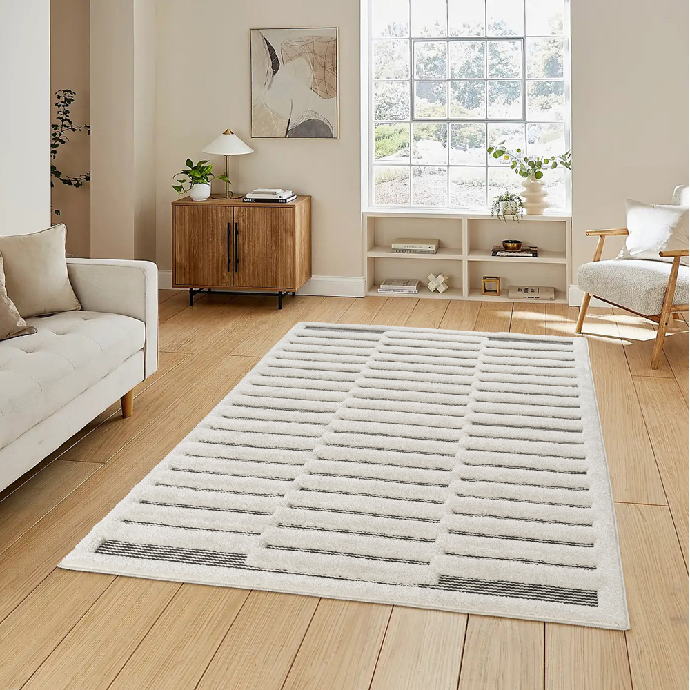 Freya Living Room Area Rug Contemporary 3D Embossed Modern Stripe Bar Design - Cream 160cm x 230cm Image 2