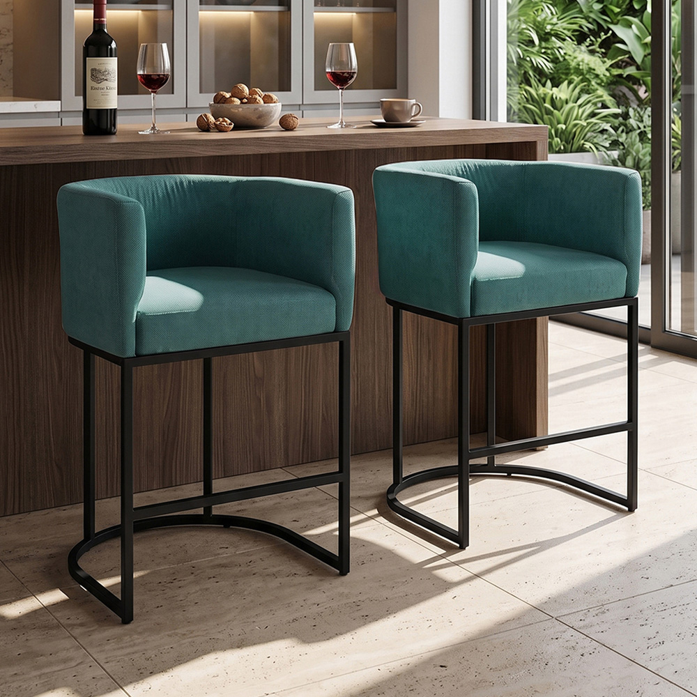 Living and Home Green Chenille Bar Stool with Armrest Set of 2 Image 7
