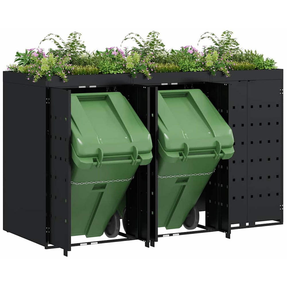 vidaXL Black 3 Wheelie Bin Storage Shed with Planter Roof Image 3