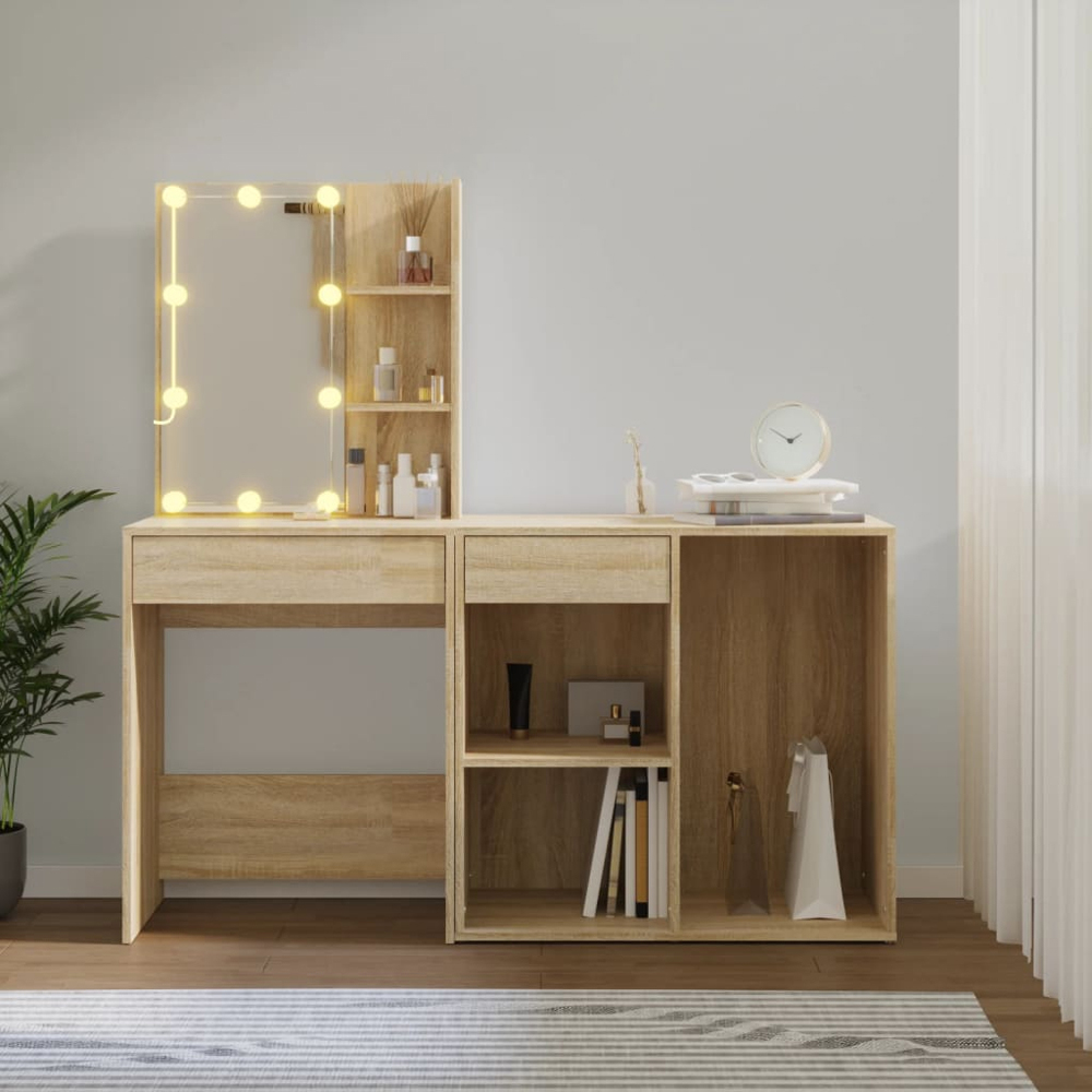 vidaXL Sonoma Oak Dressing Table with LED Mirror and Cabinet Image 9