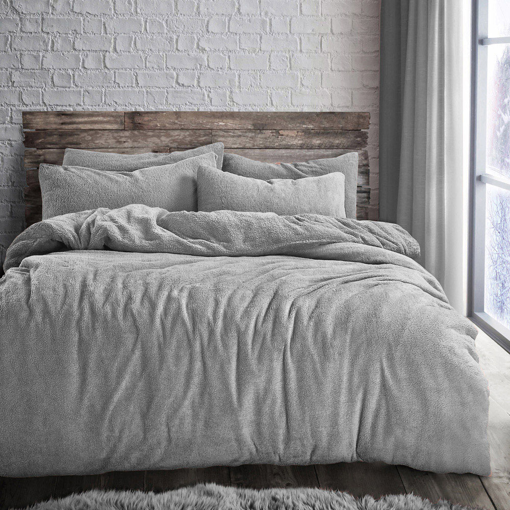 Velosso Single Sterling Grey Teddy Fleece Duvet Cover Set Image 1