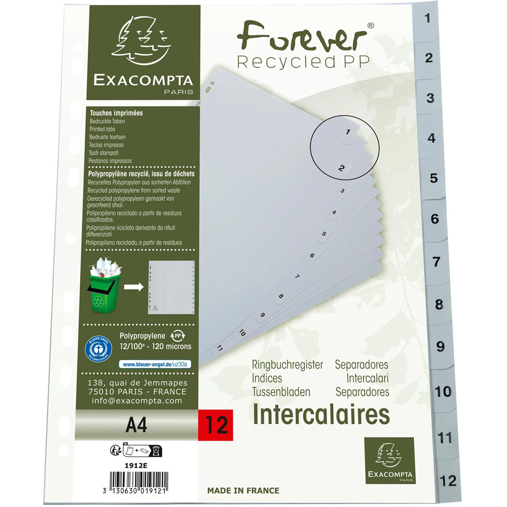 Exacompta A4 Grey Recycled Polypropylene 1-12 Divider 20 Pack Image 5