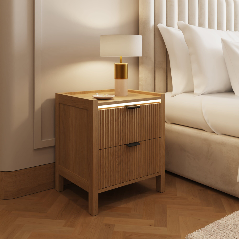 GFW Zion 2 Drawer Oak Ribbed Bedside Table with Ambient LED Image 8
