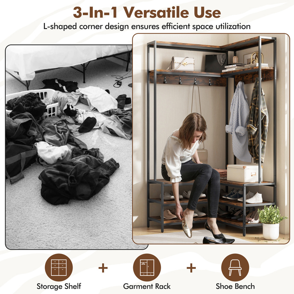 Costway 4 Shelf Rustic Brown L-shaped Clothes Corner Garment Rack with 7 Hooks Image 6