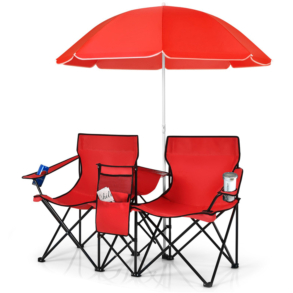 Costway Red Double Portable Camping Chair with Umbrella and Ice Bag Image 3