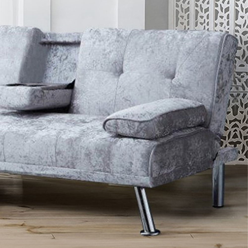 Brooklyn 2 Seater Silver Crushed Velvet Italian Sofa Bed with Cup Holder Image 2