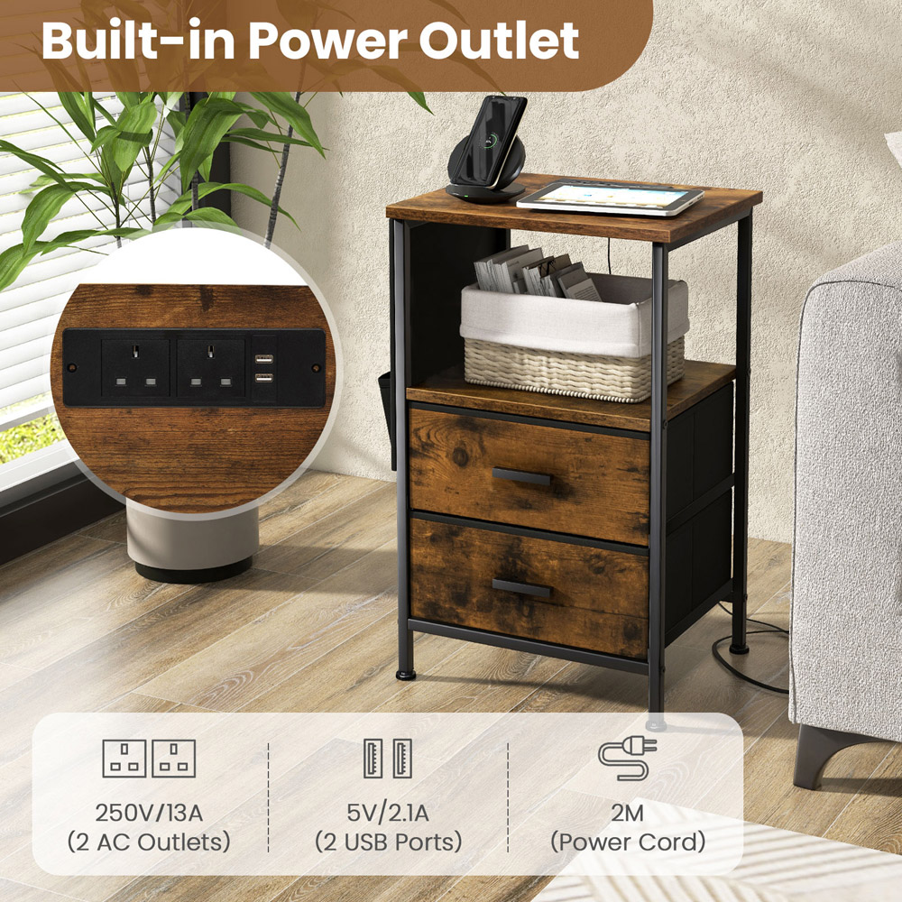 Costway 2 Drawer Single Shelf Rustic Brown Bedside Table Set of 2 Image 8